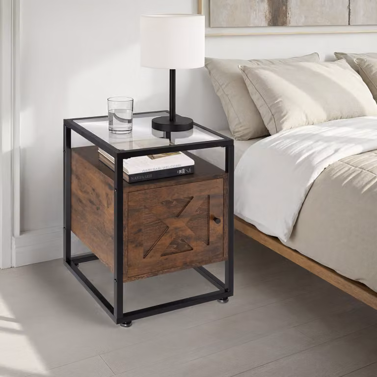 Comodino industriale TecTake in metallo, vetro e MDF, colore marrone opaco, L 40 cm x P 43 cm x H 60,5 cm