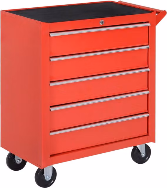 Carrello officina in acciaio rosso con 5 cassetti, tappetino EVA, ruote e serratura. Portata max 150 kg
