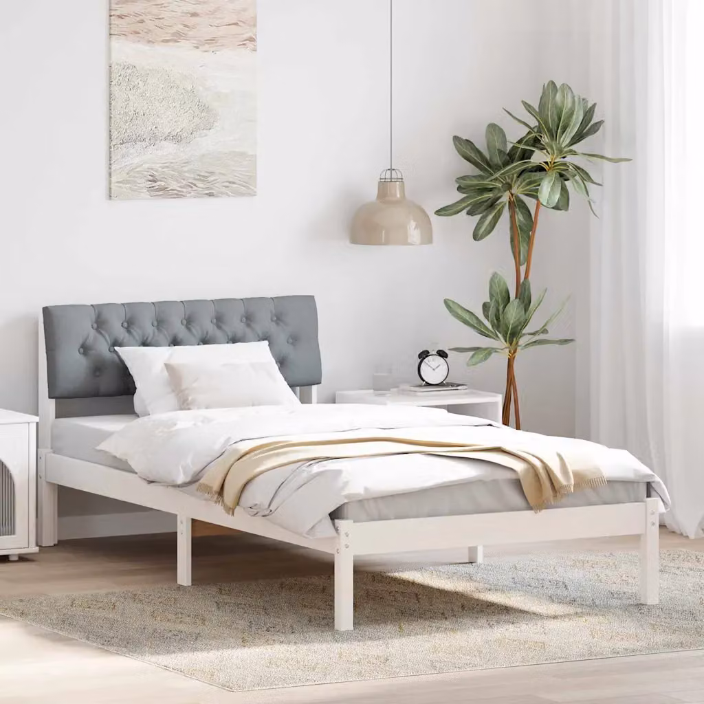 vidaXL Struttura del Letto Moderna in Legno di Pino e Tessuto, Bianco e Grigio, 100 x 200 cm – 1