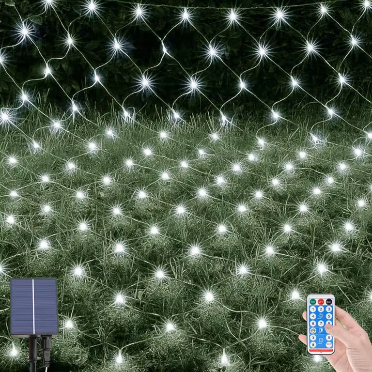 Rete luminosa a LED, 198 LED, 2x3 metri, alimentazione solare, 8 modalità, con telecomando