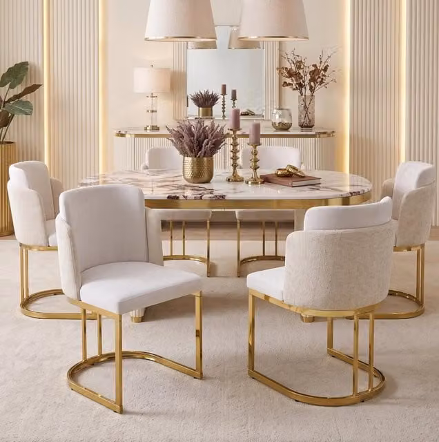 Set di 2 sedie da pranzo in tessuto chenille con gambe in metallo; beige e oro