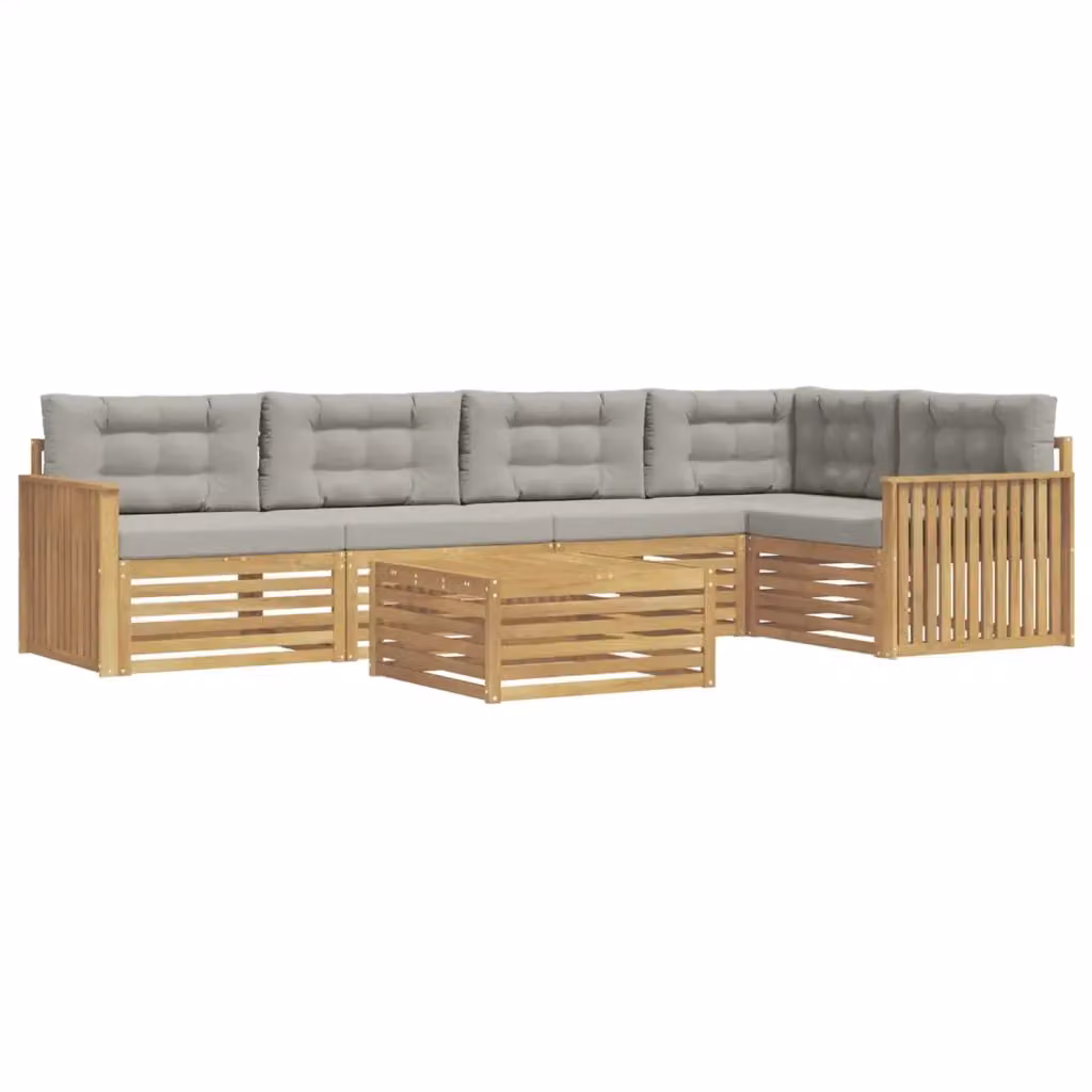 Set di divani da esterno a L vidaXL composto da 6 pezzi con tavolino da caffè, in legno di acacia e tessuto resistente ai raggi UV, Bianco e Grigio – 2