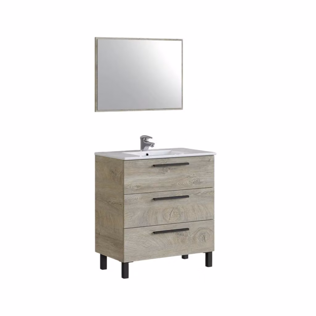Mobile sottolavabo Elleboro DMORA per bagno con cassetti e specchio, colore quercia lucido, L: 80 cm, P: 45 cm, H: 86 cm – 2