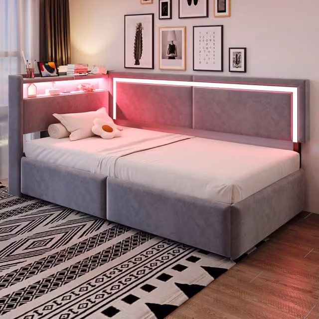 Divano letto 90x200cm - Velluto con LED; USB e deposito idraulico - Per soggiorno; camera da letto - Grigio