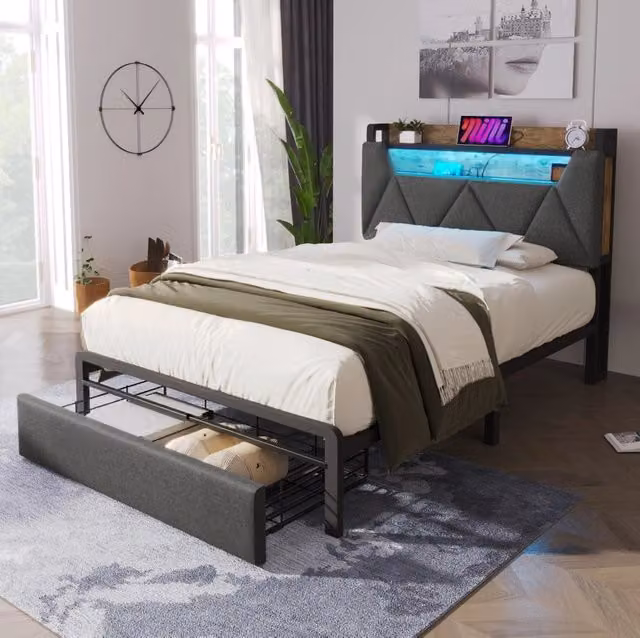 Letto contenitore 90x200 cm con testiera portaoggetti; USB-C; LED; cassetti; lino grigio
