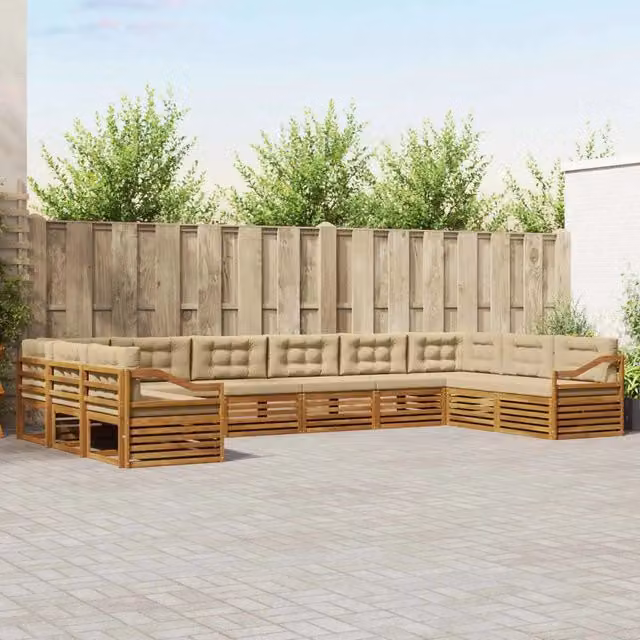 Set di divani da giardino vidaXL in legno di acacia massello, 10 pezzi, beige e naturale, con cuscini inclusi e configurazione a L con lato sinistro – 1