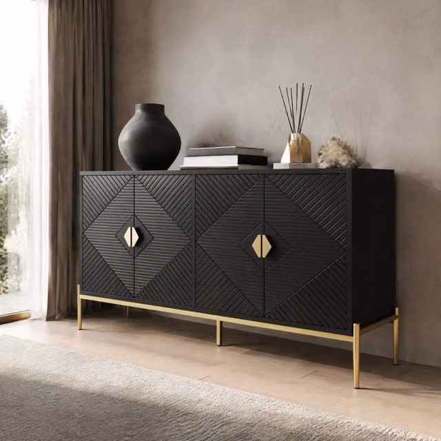 Sideboard moderno geometrico a 4 ante in MDF e metallo, nero opaco con dettagli oro, L: 162 cm, P: 40 cm, H: 80 cm