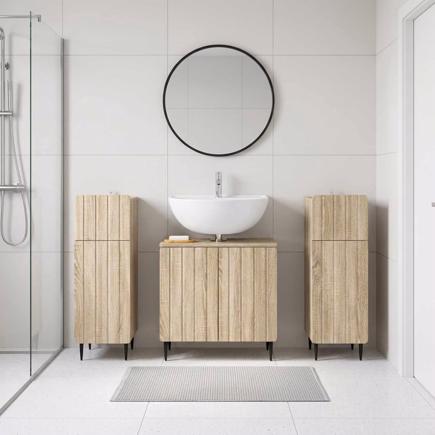 Set di armadietti da bagno vidaXL ZWOLLE in 3 pezzi, Rovere Sonoma, Marrone