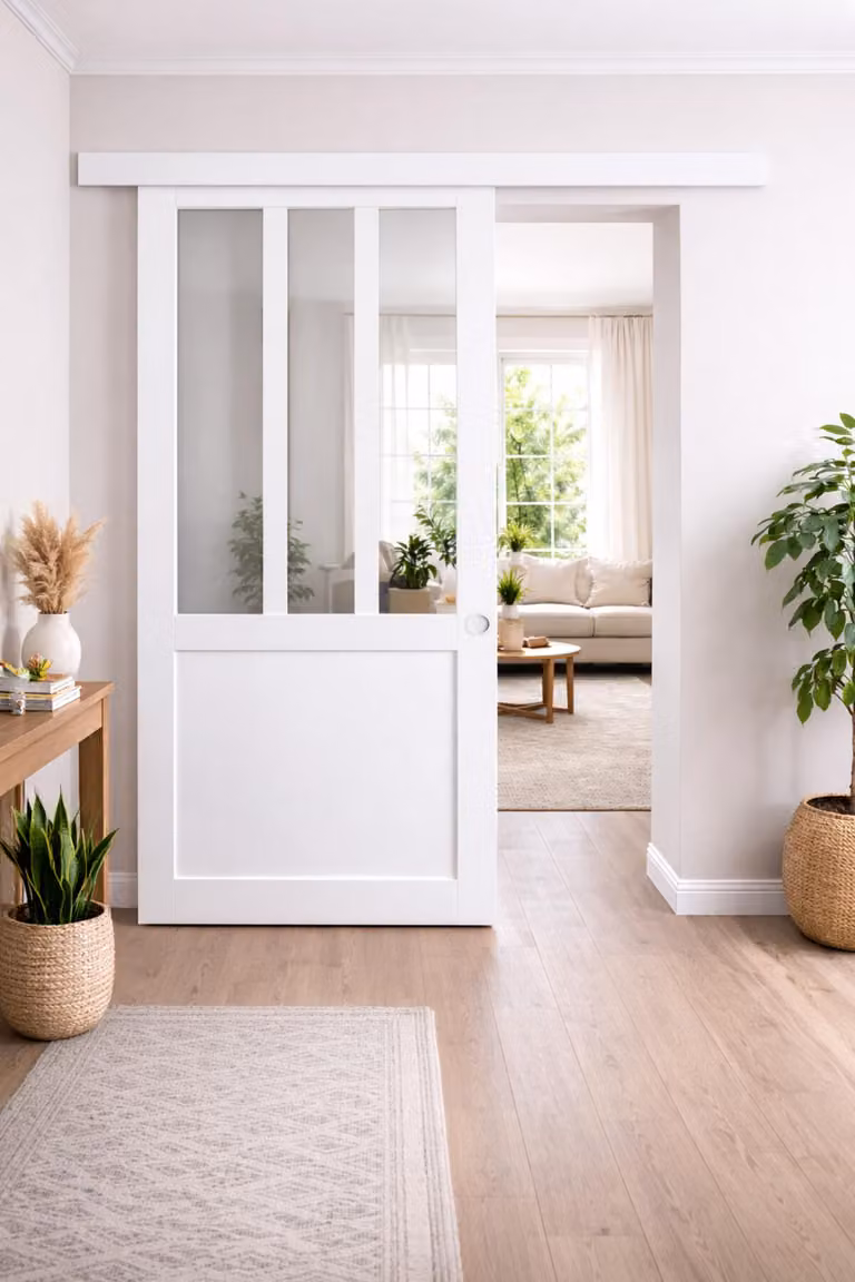 Porta scorrevole da officina bianca H204 x L83 cm, binario in alluminio bianco, conchiglie bianche per GD MENUISERIES