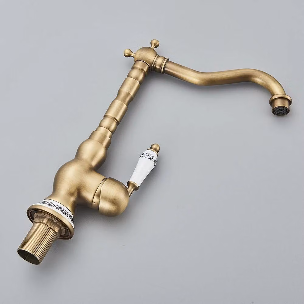 Rubinetto da bagno/cucina in ottone anticato - Miscelatore monocomando alto - Installazione a foro singolo - Acqua calda e fredda - Bocchetta girevole a 360° - Cartuccia in Vetroceramica - Modello "Tall A"