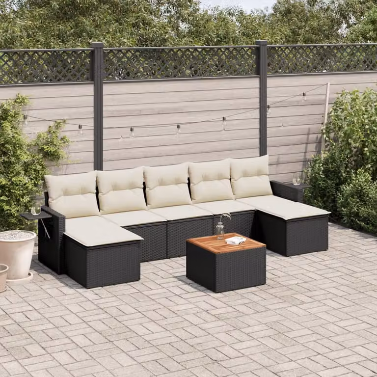 vidaXL Set Divani da Giardino a L con Cuscini 8 pz in Polyrattan Nero e Bianco