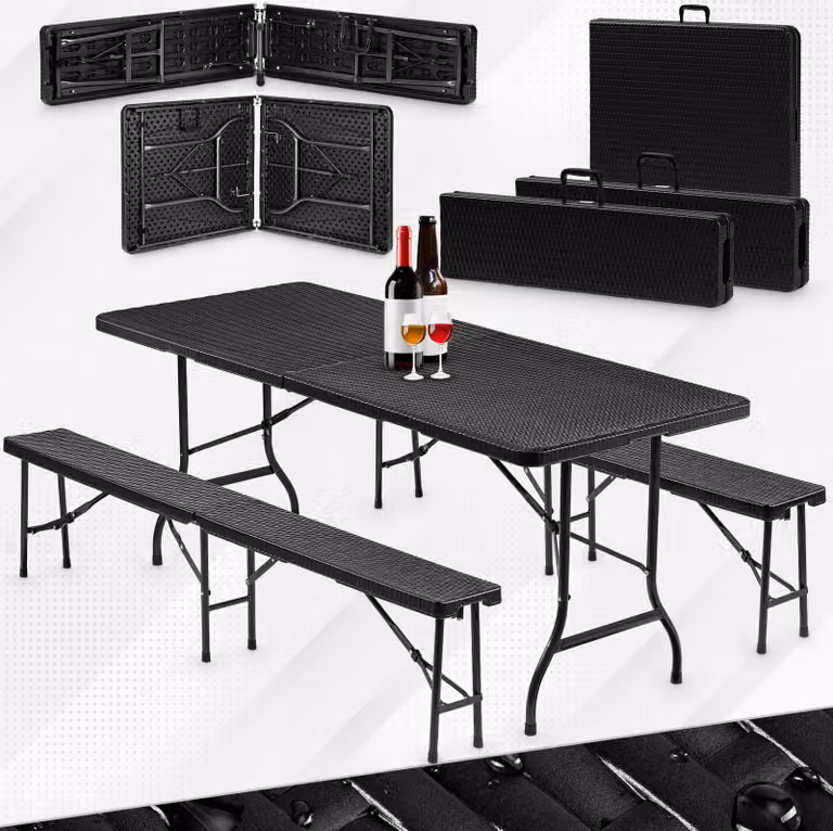 Set tenda da birra 3 pezzi tavolo + 2x panca, resistente alle intemperie per interni ed esterni, pieghevole con maniglie per il trasporto, plastica - look rattan antracite