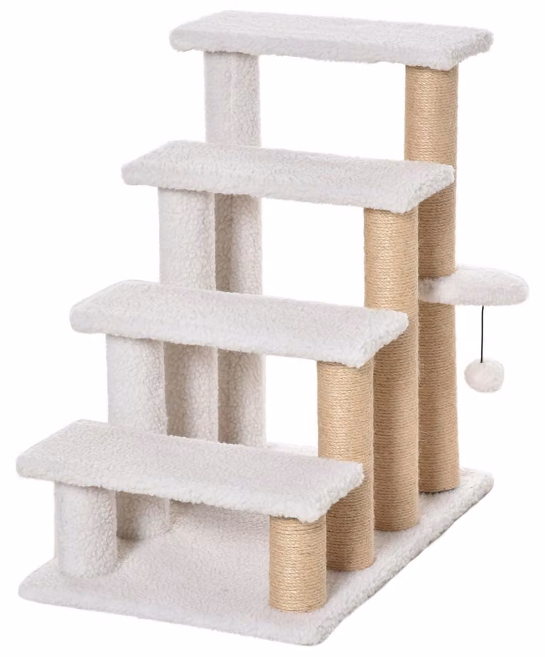 Scala per animali domestici con tiragraffi e gioco per gatti | Colore: Bianco | Dimensioni: 40x60x64 cm