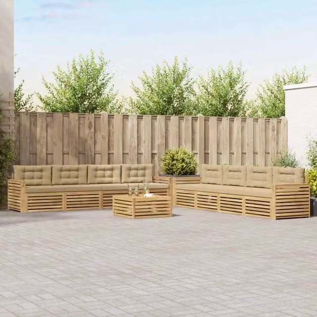 Set di divani da esterno a forma di U vidaXL in legno di acacia con tavolino e cuscini, Bianco e Beige