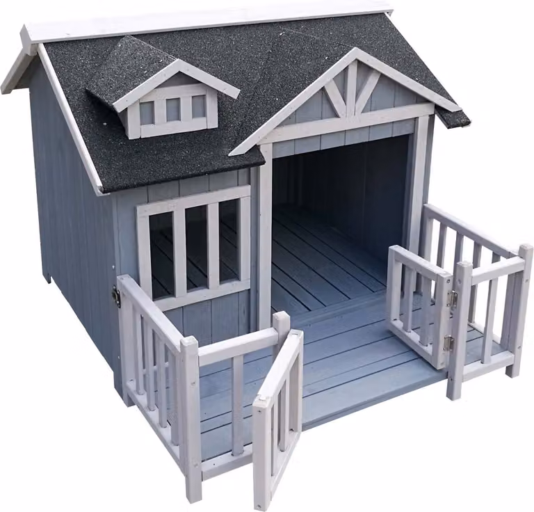 Cuccia per cani XL Wiltec 93,5 x 77,5 x 70 cm, grigio bianco, casetta per cani in legno con veranda, grotta per cani da esterno per balcone giardino terrazza
