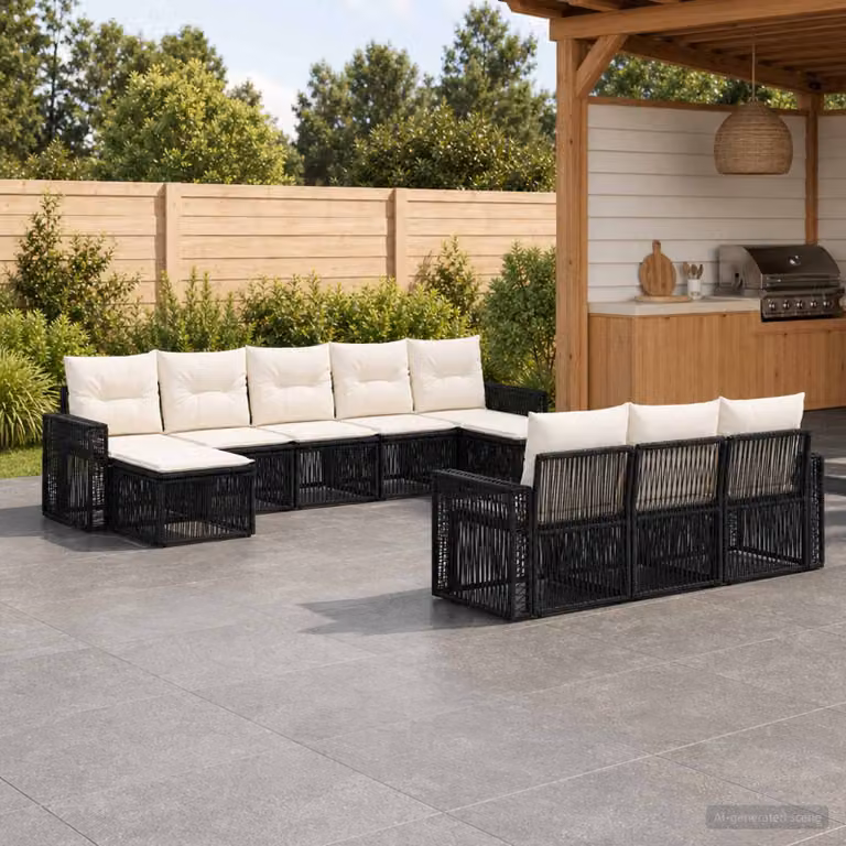 Set Divano da Giardino vidaXL 10 Pezzi a Forma di U in Polyrattan con Cuscini, Nero e Bianco Crema