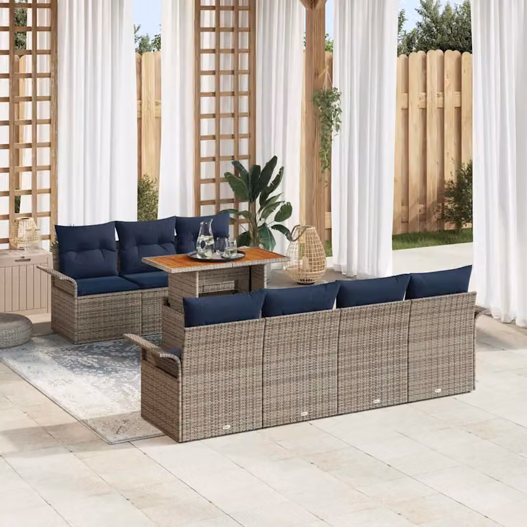 Set Divano da Giardino a L vidaXL in Polyrattan con Tavolino, 8 Pezzi, Grigio e Blu Navy