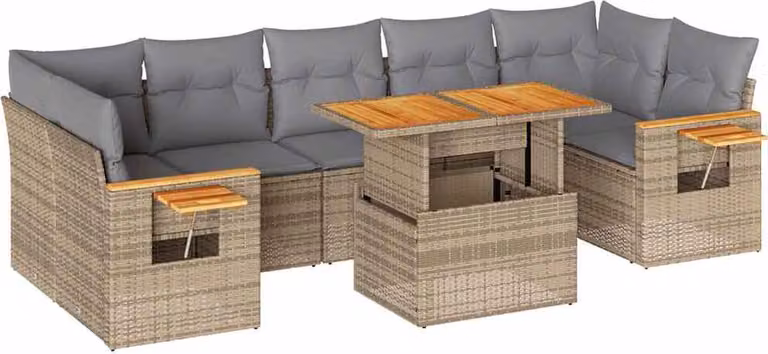 Set Divano da Giardino 8 pz con Cuscini Beige Polyrattan Acacia