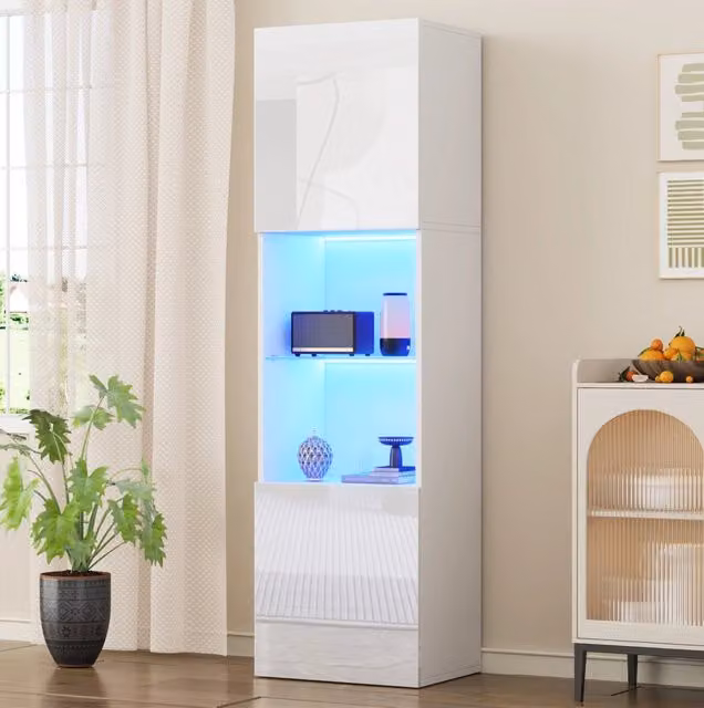 Vetrina alta ULEVR 45x35x160 cm bianca lucida con LED Bluetooth, ripiano in vetro temperato e 2 vani
