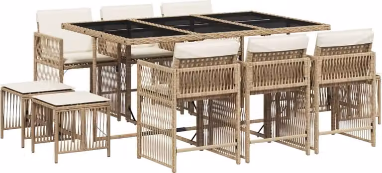 Set da Pranzo da Giardino 11 pz con Cuscini Beige in Polyrattan