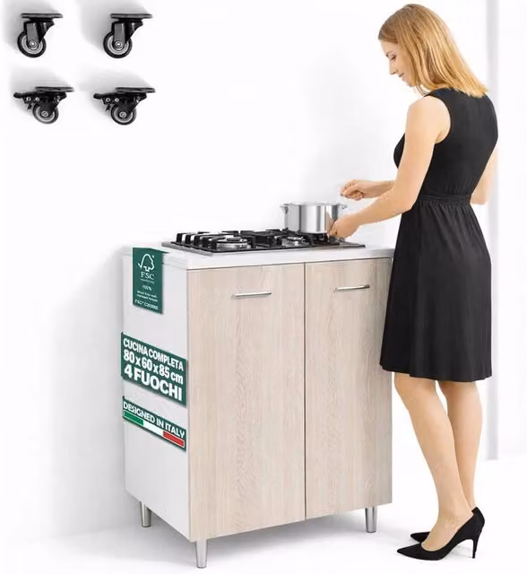 Cucina Completa 80x60x85cm Olmo Piano Cottura 4 Fuochi con Piastre in Ghisa