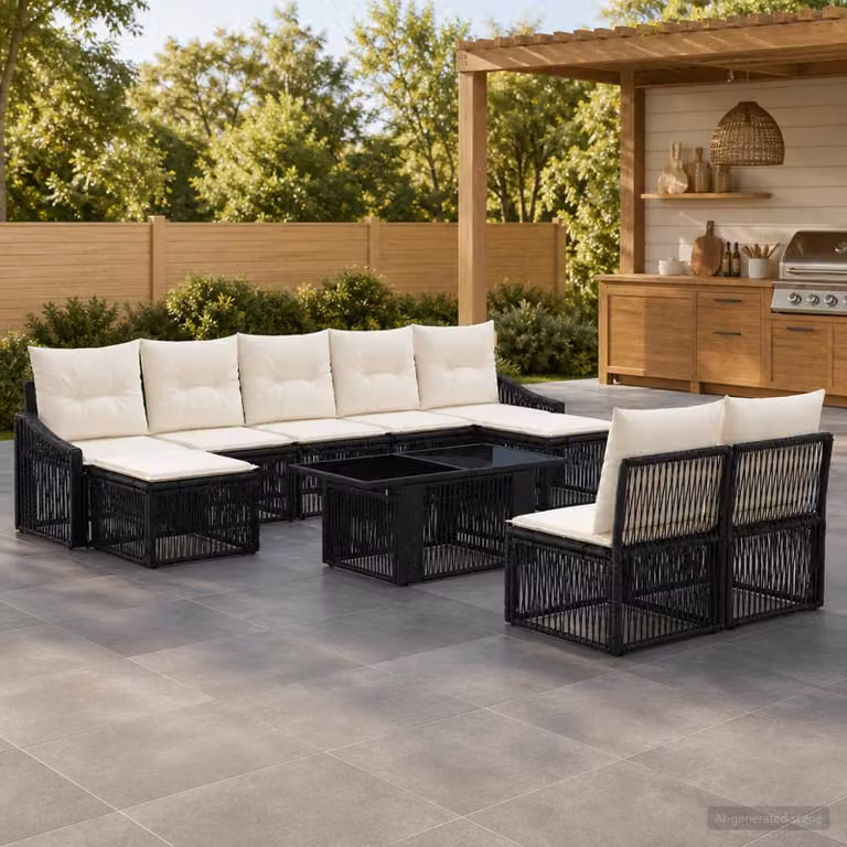 Set Divano da Giardino vidaXL 10 Pezzi in Polyrattan Nero e Bianco Crema