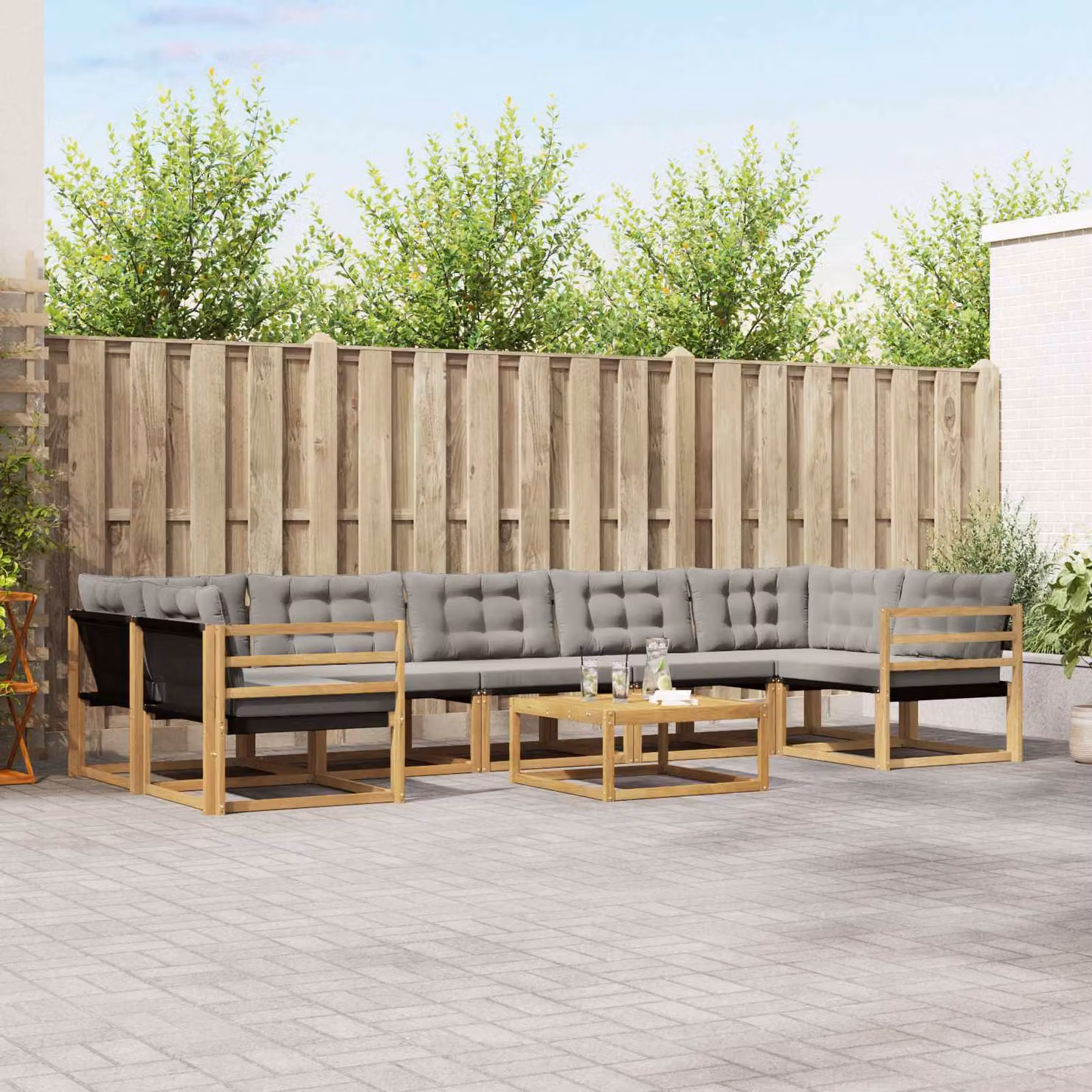 Set di divani da esterno vidaXL a forma di U composto da 8 pezzi in legno di acacia con cuscini in tessuto textilene, colori bianco, grigio e marrone