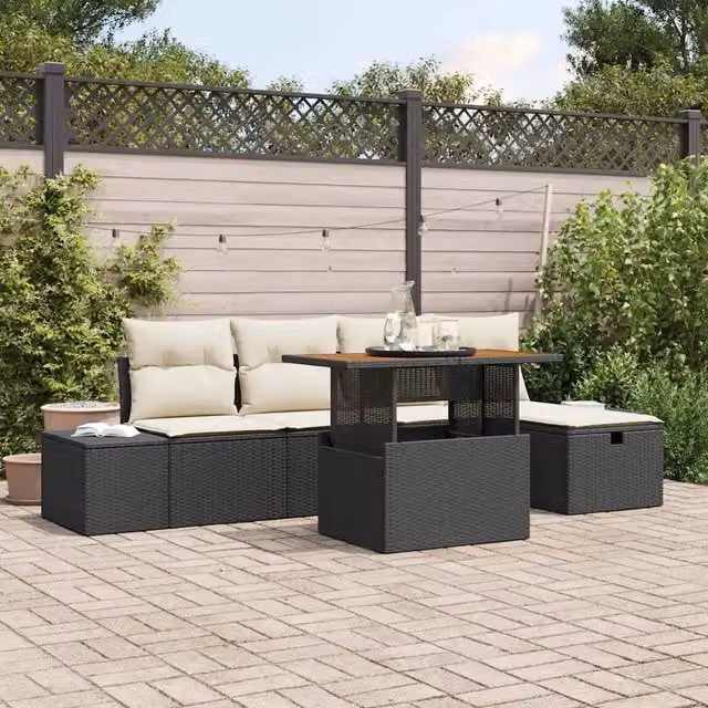Set Divano da Giardino Moderno vidaXL in Polyrattan Nero con Cuscini e Tavolino da Esterno 6 Pezzi – 1