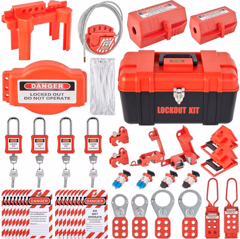 42 kit di blocco e segnalazione, kit di sicurezza elettrica Loto include lucchetti, 5 tipi di dispositivi di blocco, cerniere, etichette e fascette, scatola, strumenti di sicurezza per la rimozione dei rischi elettrici in ambito industriale e meccanico