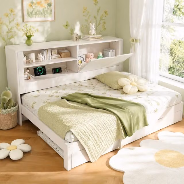 Divano letto moderno in legno bianco con letto estraibile 140x190 cm, vani contenitore, ripiani laterali e porta USB
