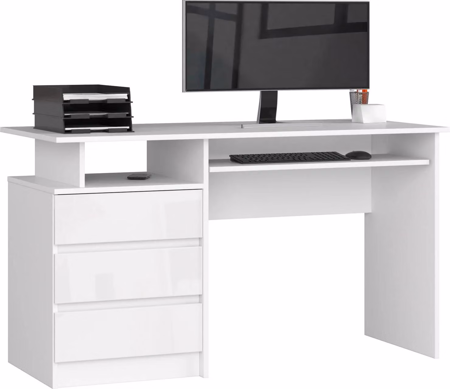 Scrivania CLP 135 cm Bianco Lucido con 3 Cassetti e Ripiano Estraibile