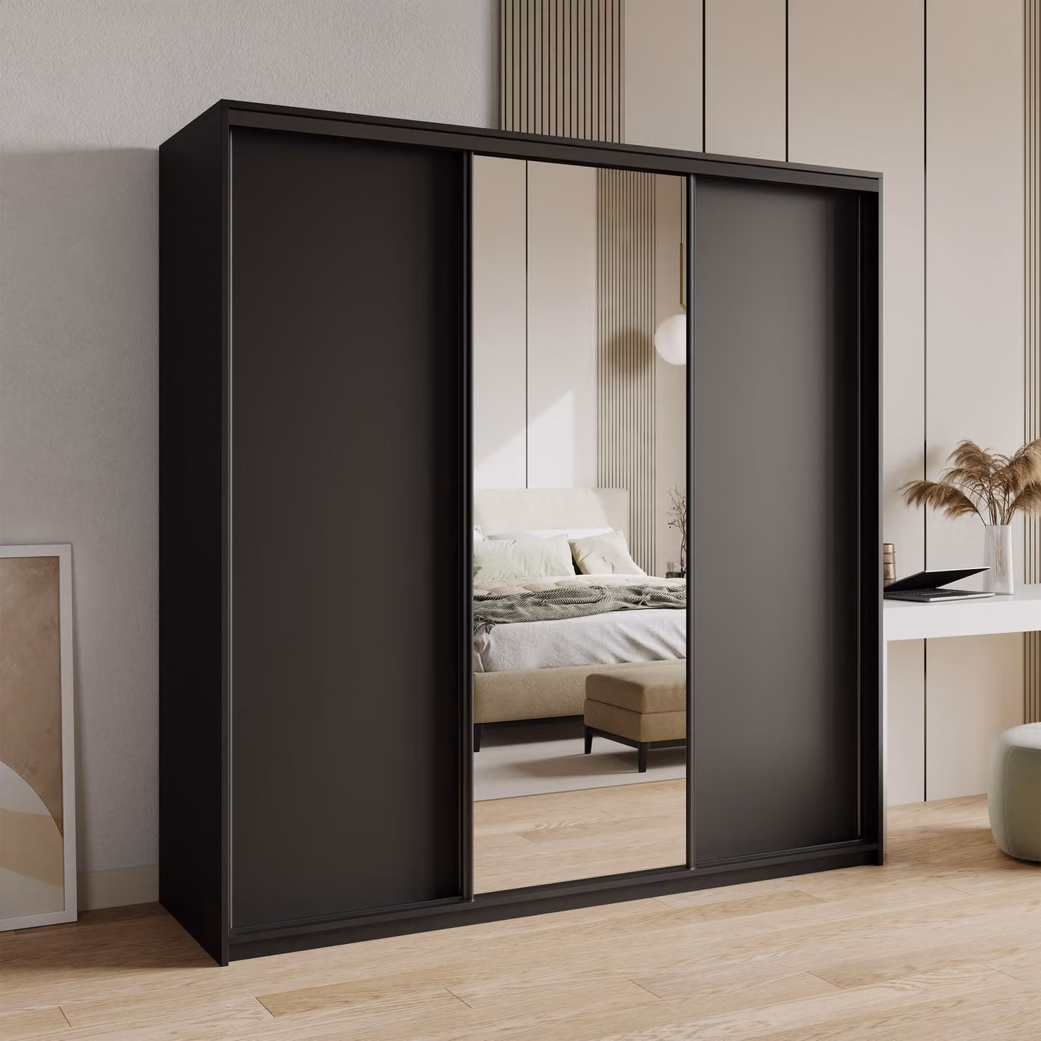 Armadio scorrevole Masseno TAVI 180/205/60 cm Armadio con 4 cassetti Armadio per camera da letto a 3 ante con specchio Nero