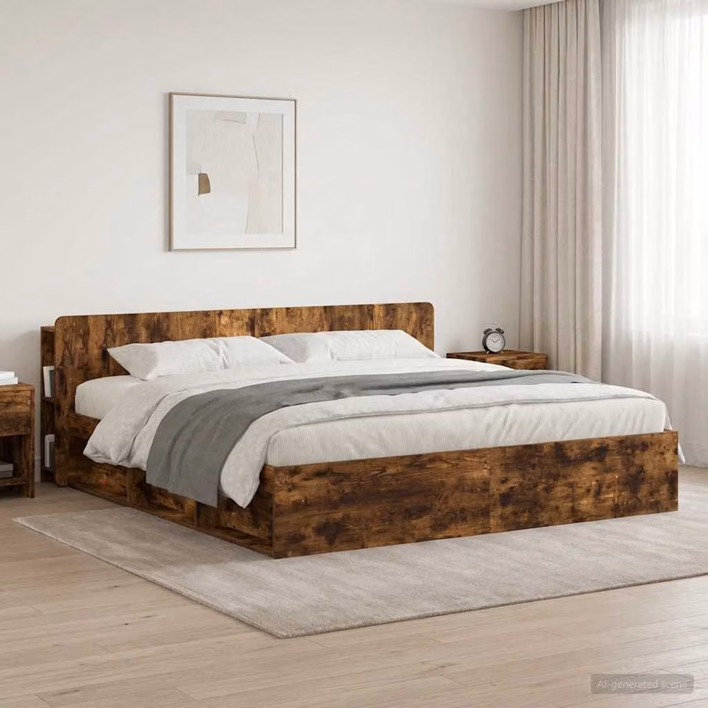 Testata del letto vidaXL in legno ingegnerizzato Rovere Fumo con ripiani integrati, L: 215,0 cm, H: 80,0 cm, P: 26,18 cm