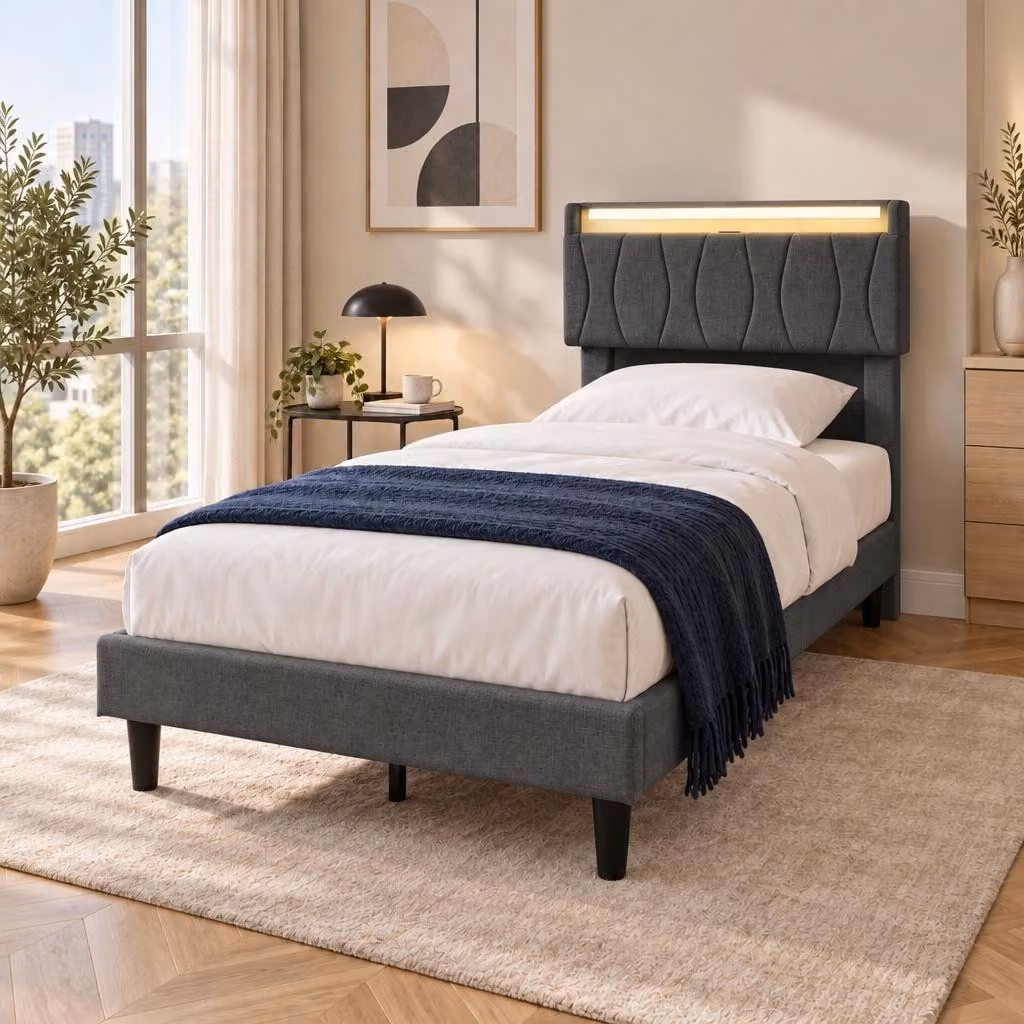 Letto singolo INONEFT, 90 x 200 cm, con porta USB, letto imbottito per ragazzi con LED, letto singolo silenzioso con rete a doghe e testiera in lino (grigio, 90 x 200 cm)