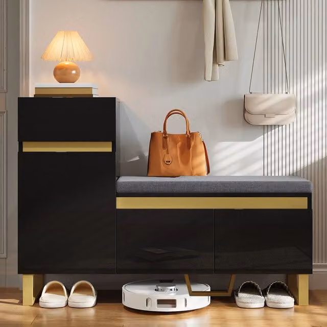 Scarpiera Minimal con Cassetti e Ante per Ingresso in Legno e MDF, Nero e Oro, L 120 cm x P 35 cm x H 85 cm