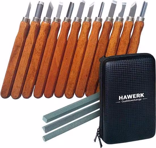 Set di utensili per intaglio del legno, 12 pezzi, con 3 pietre per affilare e custodia protettiva