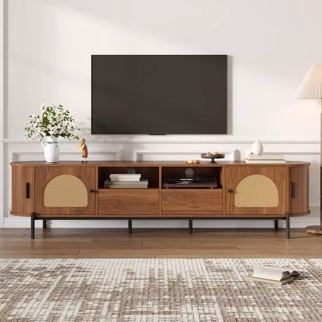 Mobile TV Ovale con Ante Scorrevoli, Rattan, Cassetto e Ripiani ¨C Xylo ¨C Legno e Metallo
