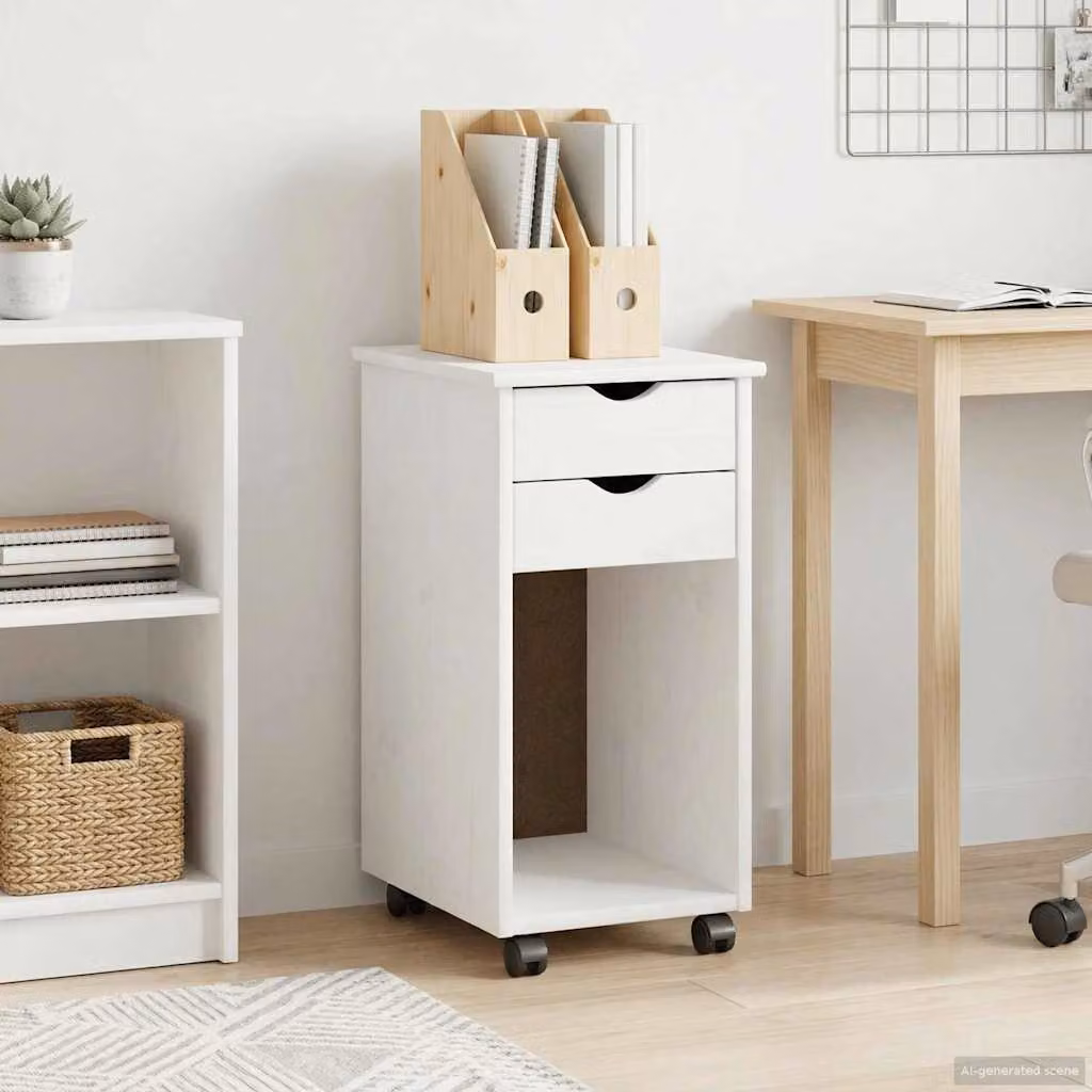 vidaXL Carrello Mobile con Ruote in Legno di Pino Massiccio Bianco, L/P/H: 34 x 39 x 65,5 cm