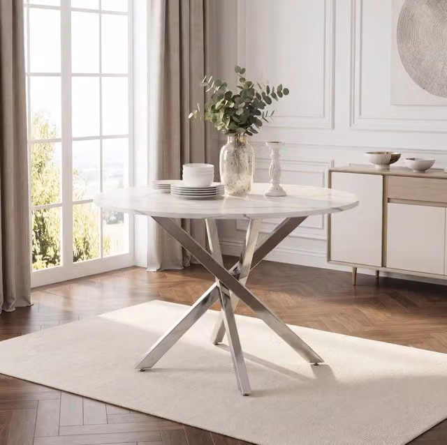 Tavolo rotondo moderno MODFU in MDF effetto marmo bianco e argento con gambe in metallo a X, Diametro: 80 cm