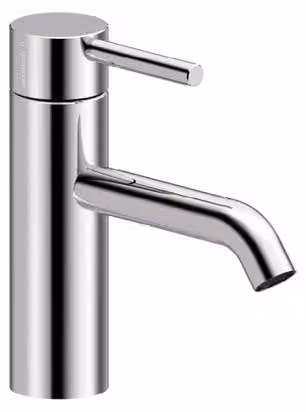 Miscelatore monocomando per lavabo Herzbach, serie DEEP, dimensione M (130 mm), per bassa pressione, con sistema di scarico a pulsante, finitura cromata