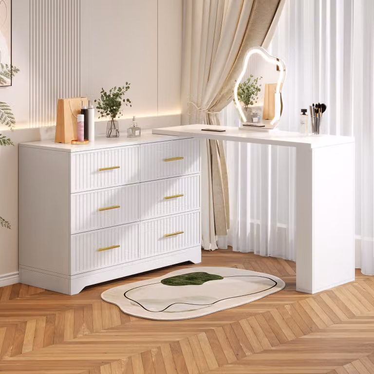 Comò da trucco Merax con specchio a LED, tavolino da trucco a forma di L girevole con 6 cassetti, scrivania per cosmetici e scrivania per la camera da letto, bianco