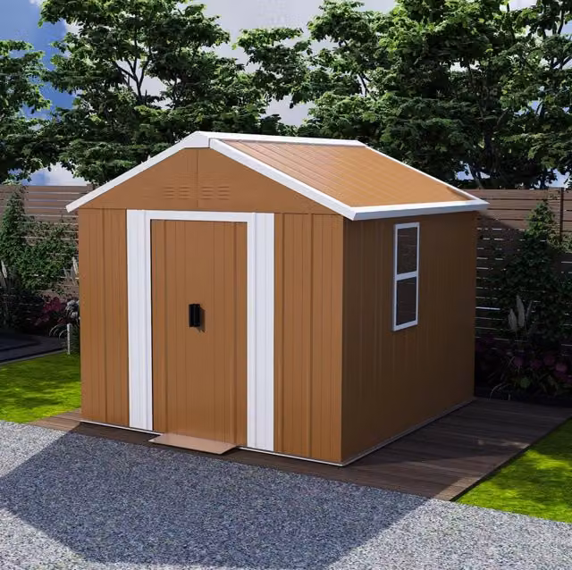 Casetta da giardino in metallo 180x96x194 cm con doppia porta scorrevole; ventilazione e tetto a due falde; marrone