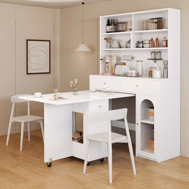 Tavolo da Pranzo Pieghevole con Bartisch e Armadio Cucina su Ruote Minimal Bianco