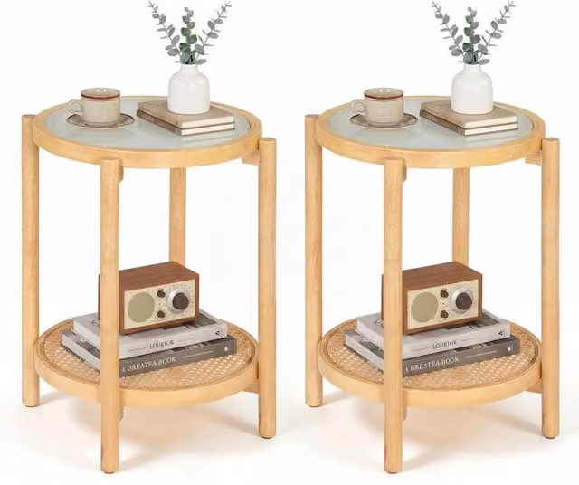 Tavolino da caffè boho a 2 livelli con piano in vetro temperato trasparente e ripiano in rattan in legno di acacia, colore naturale e marrone