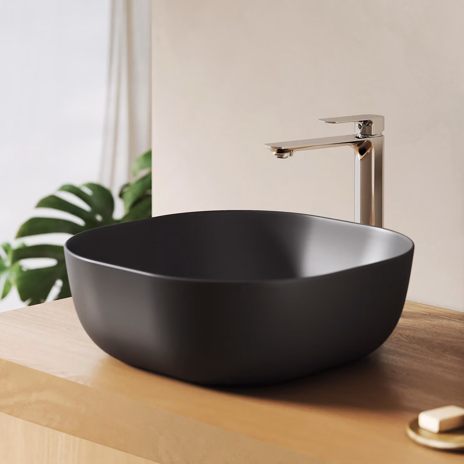 Lavabo da appoggio EMKE 415x415 mm quadrato con angoli arrotondati, in ceramica, nero opaco / bianco lucido, senza foro per rubinetto e troppopieno