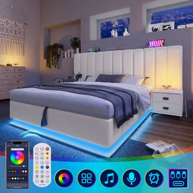 Letto matrimoniale contenitore 180 × 200 cm con rete a doghe PU bianco LED USB e Type-C portata 300 kg