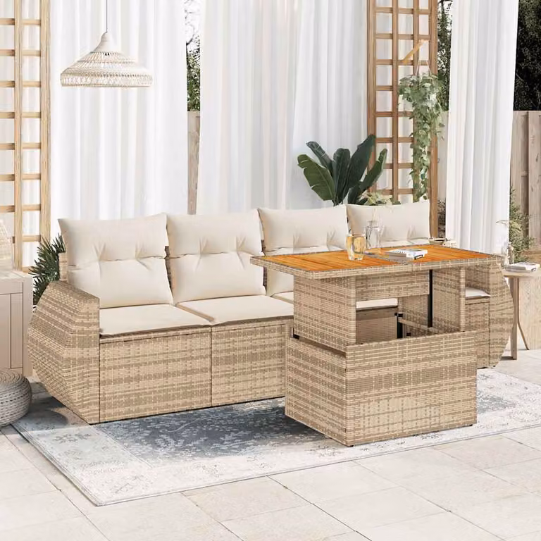 Set Divano da Giardino vidaXL 5 Pezzi a Forma di L con Tavolino, Colore Beige e Bianco, in Polyrattan e Acciaio con Cuscini Inclusi