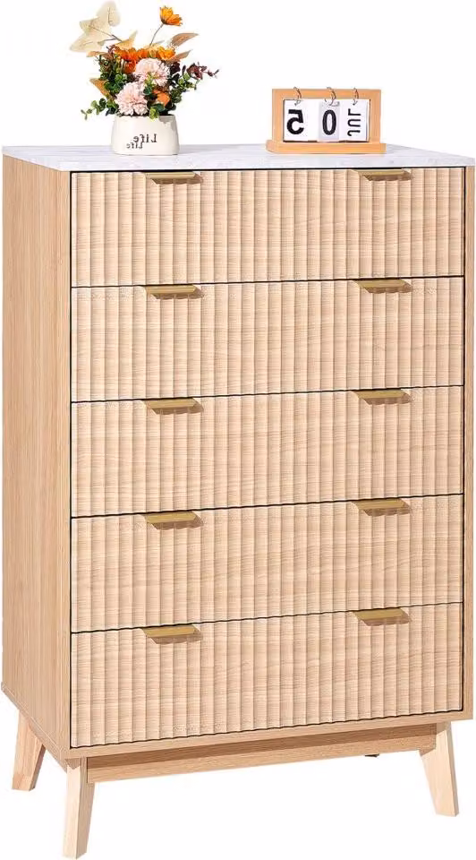 Cassettiera in legno con 5 cassetti scanalati - Cassettiera con protezione antiscivolo e antiribaltamento - Elegante cassettiera per la casa