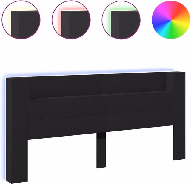 Testiera moderna con contenitore, illuminazione LED, mensola e porta USB, colore nero, L 220 x P 16,5 x H 103,5 cm