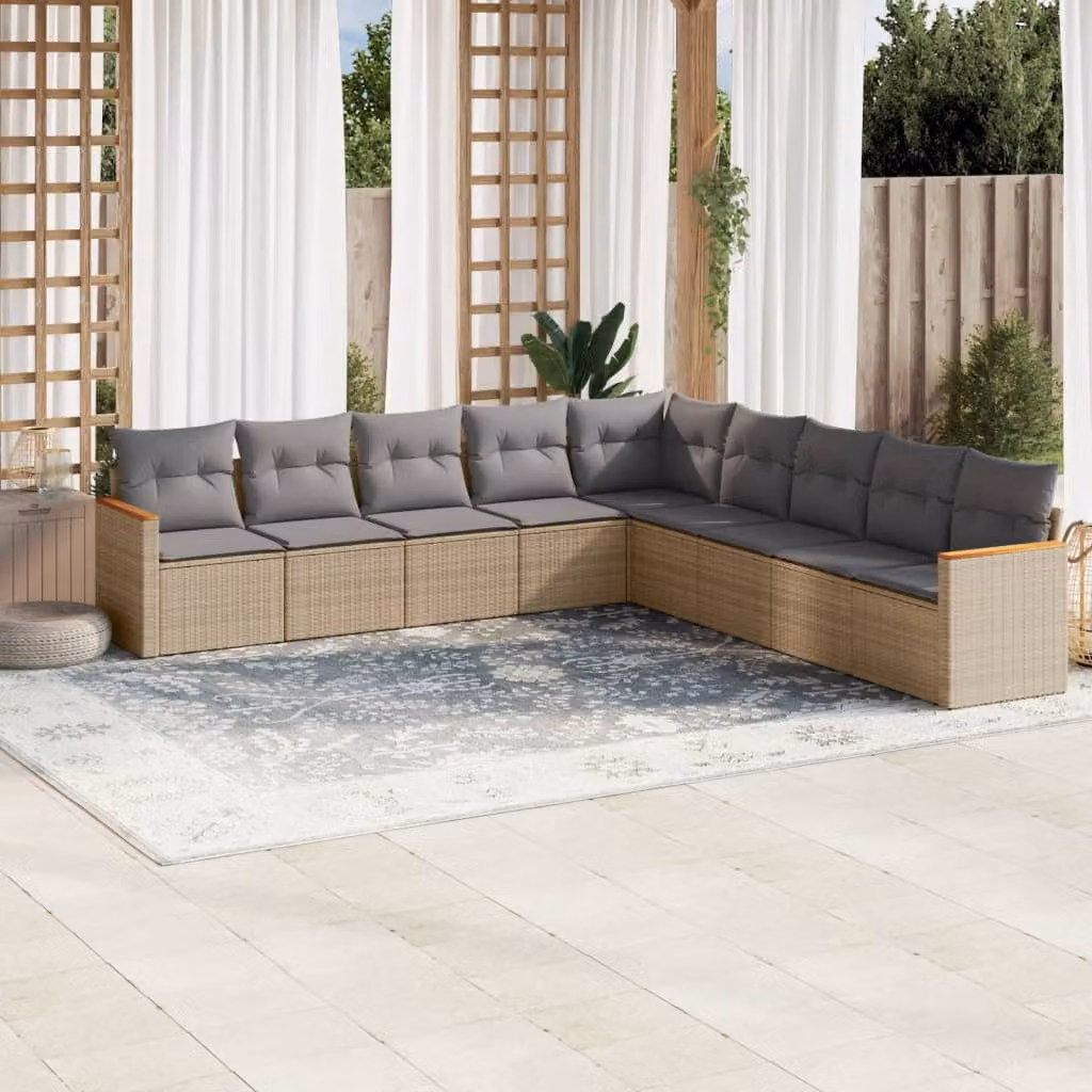 vidaXL Set Divano da Giardino a L 9 pz con Cuscini Beige e Grigio in Polyrattan e Metallo – 1